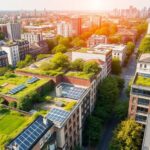 Urban landscape with green roofs and solar panels.