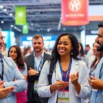 Diverse healthcare professionals discussing global health innovations.