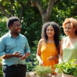 Diverse small business owners collaborating in a green environment.