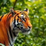 A tiger in a lush green forest.