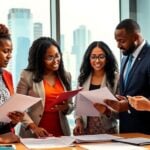 Diverse finance professionals collaborating in a modern office.