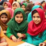 Afghan girls participating in learning activities at festival.