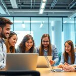 Diverse students working together in a modern office.