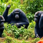 Endangered apes among lush greenery with local community members.