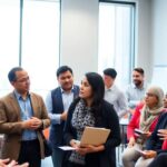 Scholars discussing insights in a modern conference room.
