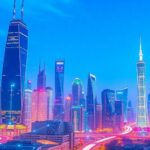 Futuristic city with digital elements and modern architecture.