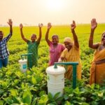 Farmers joyfully using pumps in a lush green field.