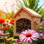 A bee hotel in a colorful garden with flowers.