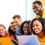 Diverse group smiling during virtual training session.