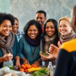 Diverse group discussing nutrition and food security.