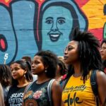 Diverse activists united in front of a colorful mural.