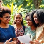 Diverse people collaborating in a vibrant, peaceful setting.