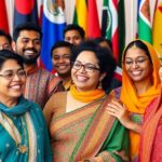 Diverse group celebrating together with traditional attire and flags.