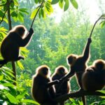 Group of primates playing in a lush rainforest.