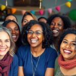 Smiling group celebrating together with colorful decorations.