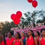 Diverse group with red ribbons united for World AIDS Day.