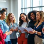 Diverse women collaborating in a bright, modern workspace.