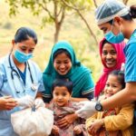 Healthcare workers assist families in a Peruvian community.