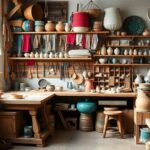 Artisan workspace filled with colorful handmade crafts and tools.