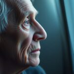 A frail cancer patient gazing out a window.