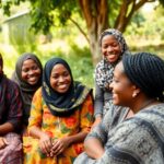 Refugees in Uganda sharing a supportive moment outdoors.