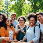 Diverse people enjoying community time in a sunlit park.