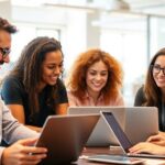 Diverse professionals collaborating in a modern workspace.