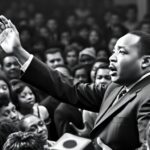 Dr. Martin Luther King Jr. speaking to a large crowd.