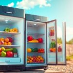 Solar refrigerator with solar panels and fresh produce inside.