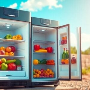 Solar refrigerator with solar panels and fresh produce inside.
