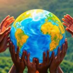 Diverse hands reaching for a globe on a bright background.