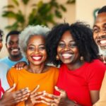 Diverse individuals smiling, engaging in community support activities.