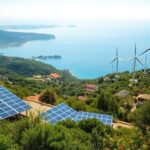 Mediterranean landscape with greenery, solar panels, and wind turbines.