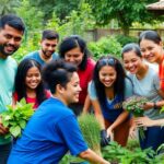 Volunteers working together in a community garden.