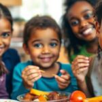 Children enjoying healthy meals together in a warm kitchen.
