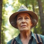Elderly woman in forest, focused on conservation efforts.
