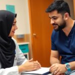 Medical professional with diabetic patient in a clinic.