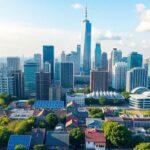 City skyline with green spaces and diverse communities.