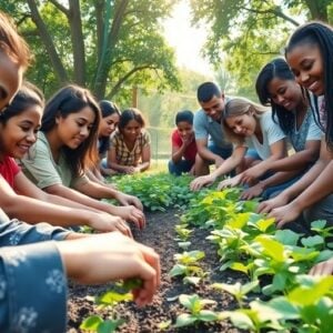 Community members working together in a vibrant garden.