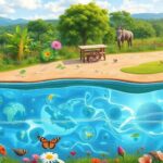 A vibrant landscape with diverse plants and animals.