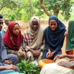 Diverse refugees collaborating in a supportive community setting.