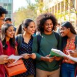 Diverse students engaging and discussing on a campus.