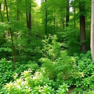 Vibrant forest patch with sunlight and diverse greenery.