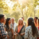 Diverse group of people discussing in a lush outdoor setting.
