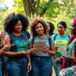 Diverse activists engaged in discussion outdoors, surrounded by nature.