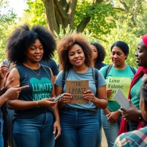 Diverse activists engaged in discussion outdoors, surrounded by nature.