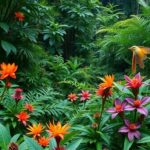 Colorful wildlife and plants in the Peruvian rainforest.