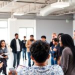 Diverse individuals collaborating in a bright, open space.