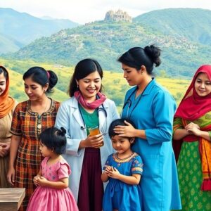 Health clinic in Peru with diverse healthcare workers and families.
