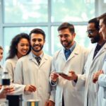 Diverse scientists collaborating in a bright modern laboratory.